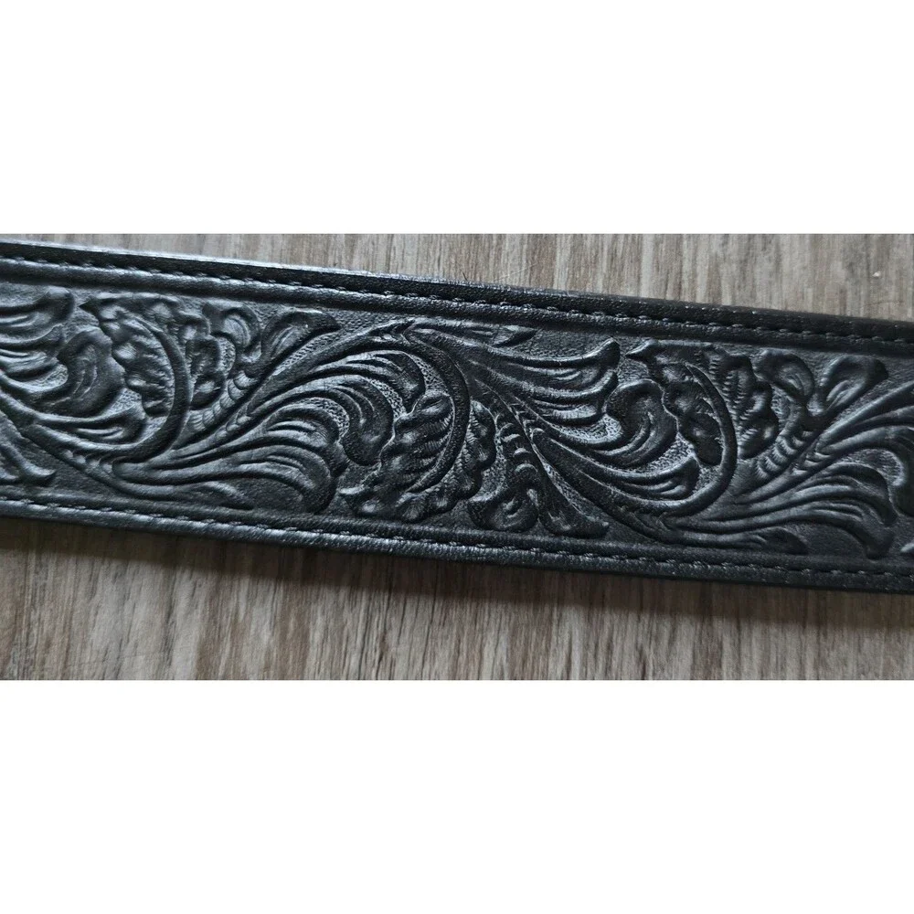 Tony Lama Mens 38 Black Top Grain Leather Floral Belt Silver Turquoise Buckle